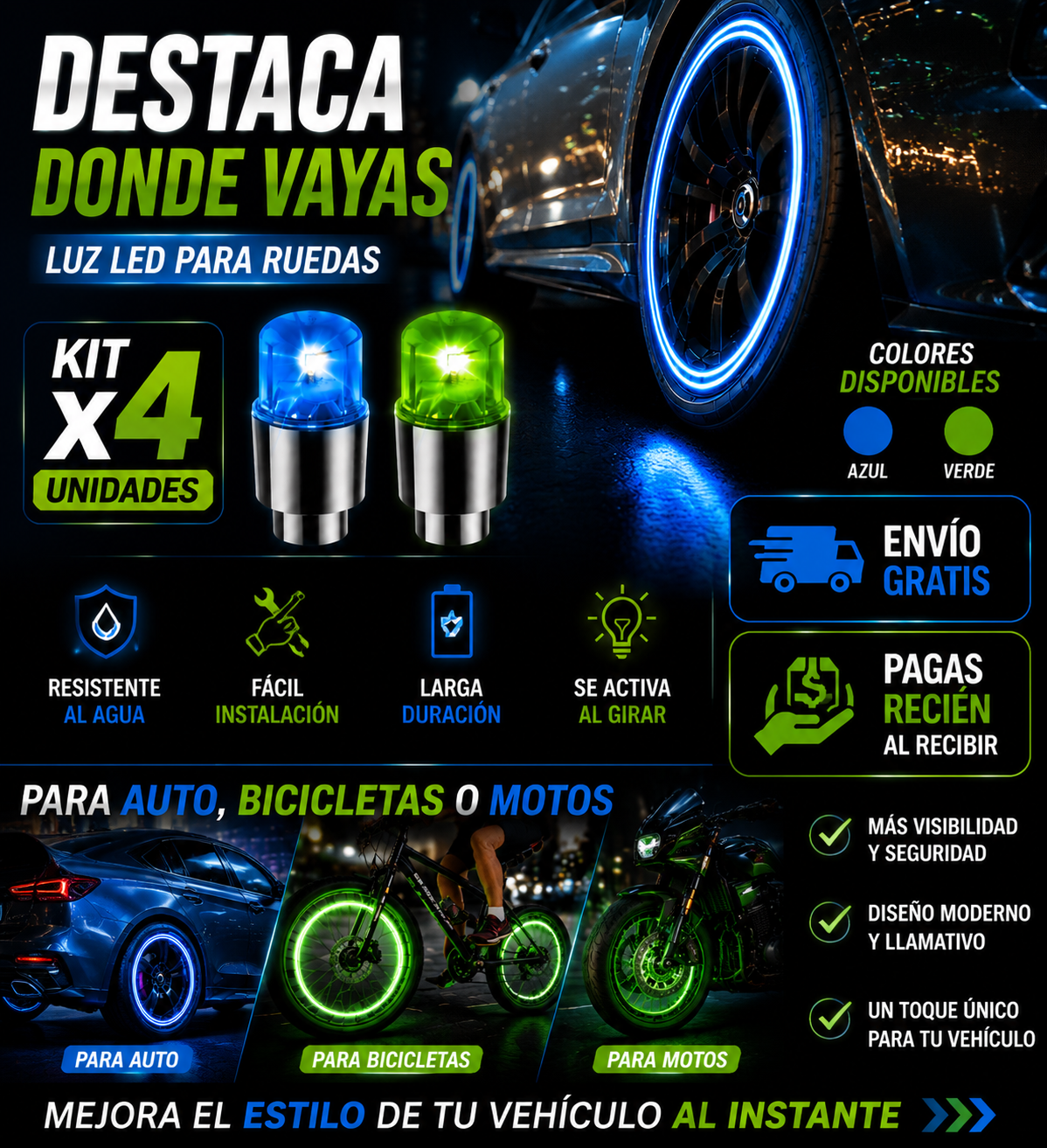 ⭐ Tapa de Válvula Azul LED para Auto, Moto y Bicicleta ( Kit de 4 Unidades )