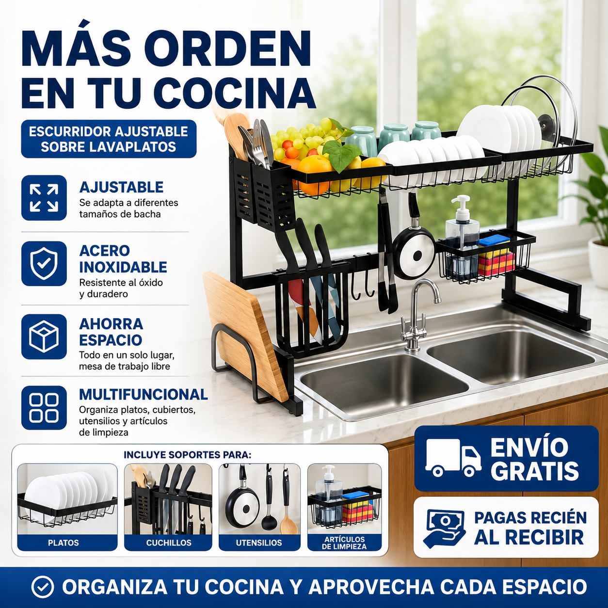 Escurridor ajustable sobre lavaplatos 🍽️🏠