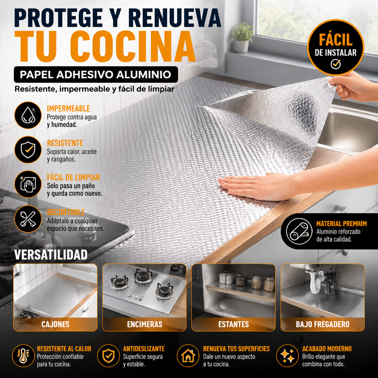 Papel Adhesivo de Aluminio para Cocina ✨🏠 ( Tamaño del producto: 0.60x10mts )