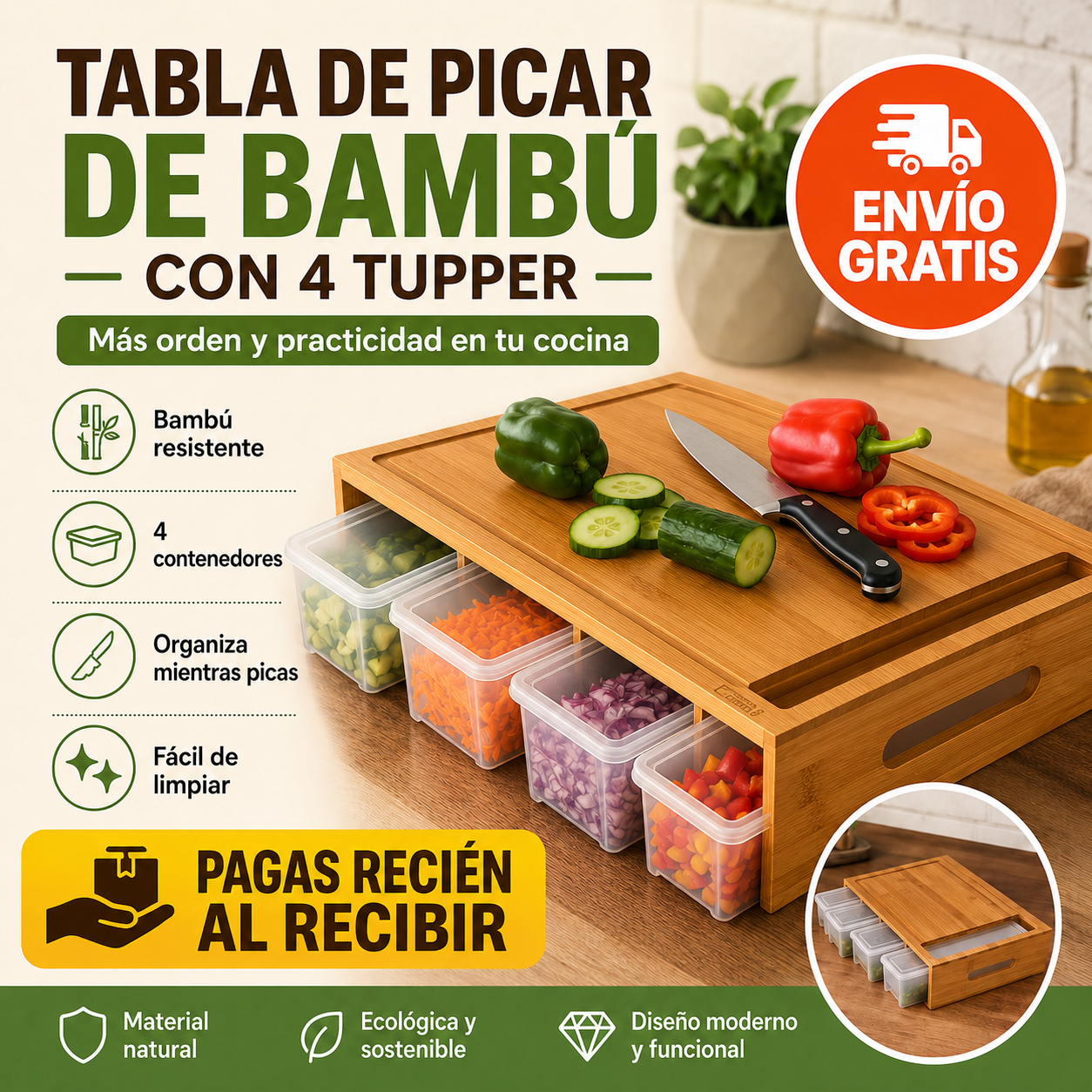 Tabla de Picar de Bambú con 4 Tuppers