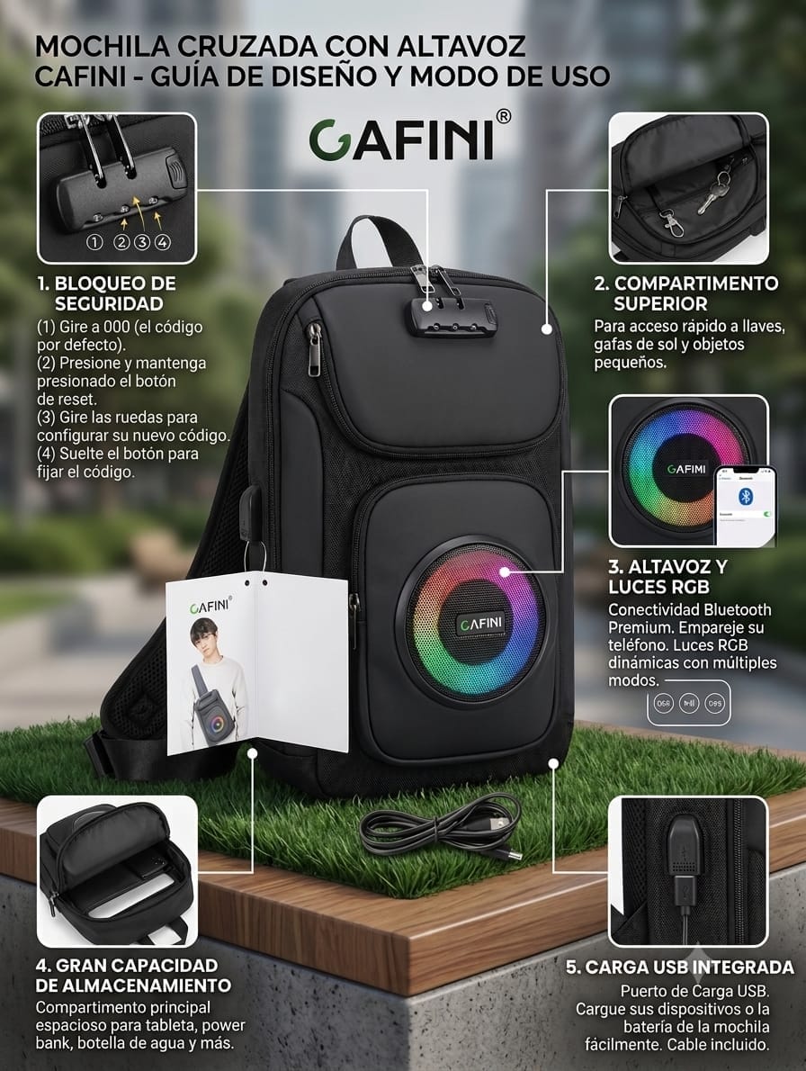 Mochila cruzada Cafini con altavoz RGB (ALTA CALIDAD)