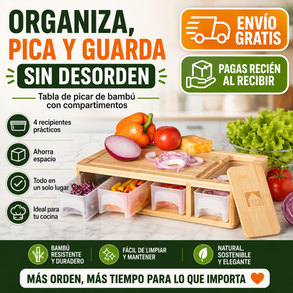 Tabla de Picar de Bambú con 4 Tuppers