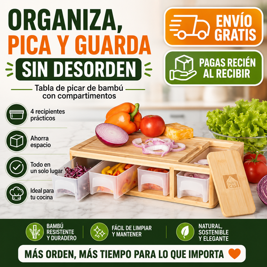 Tabla de Picar de Bambú con 4 Tuppers