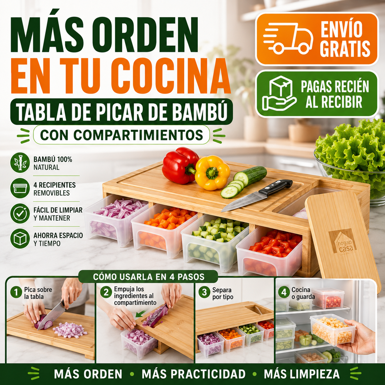 Tabla de Picar de Bambú con 4 Tuppers