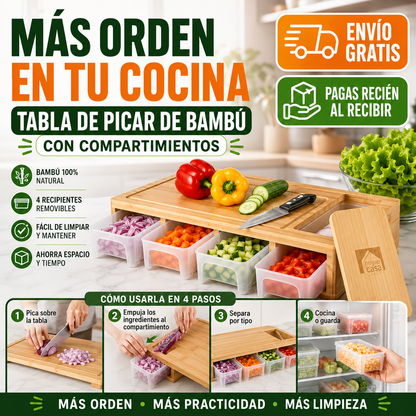 Tabla de Picar de Bambú con 4 Tuppers