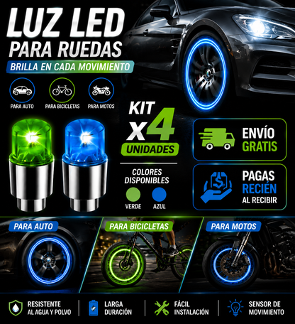 ⭐ Tapa de Válvula Azul LED para Auto, Moto y Bicicleta ( Kit de 4 Unidades )