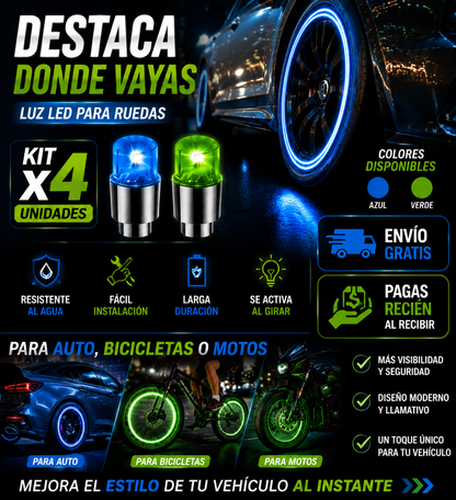 ⭐ Tapa de Válvula Azul LED para Auto, Moto y Bicicleta ( Kit de 4 Unidades )
