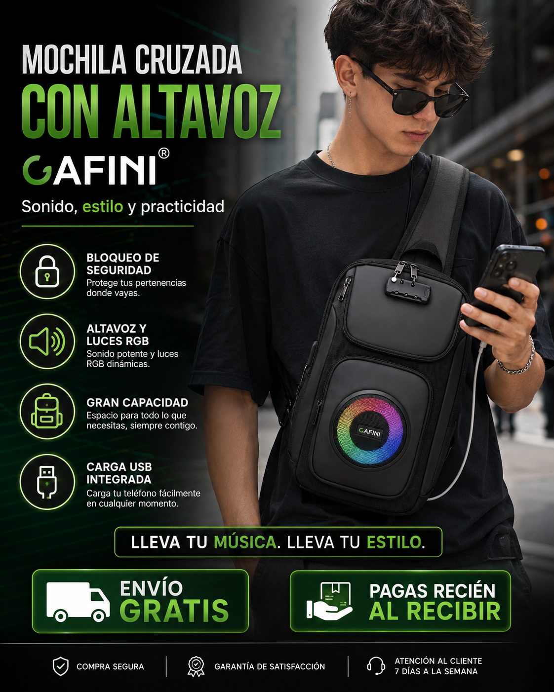 Mochila cruzada Cafini con altavoz RGB (ALTA CALIDAD)