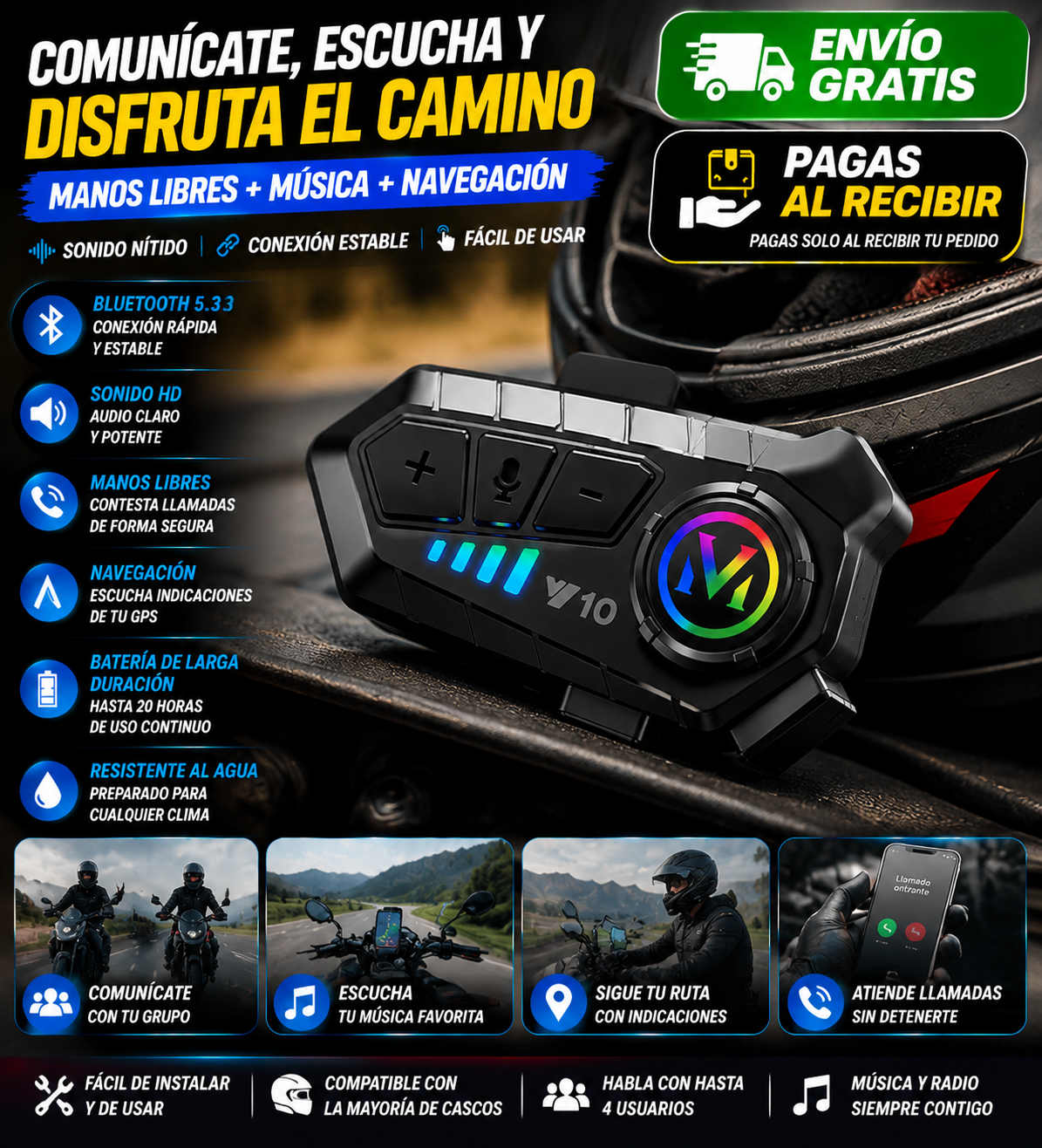 Auricular Bluetooth para Casco de Moto V10 🏍️🎧