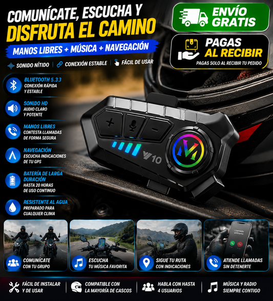 Auricular Bluetooth para Casco de Moto V10 🏍️🎧