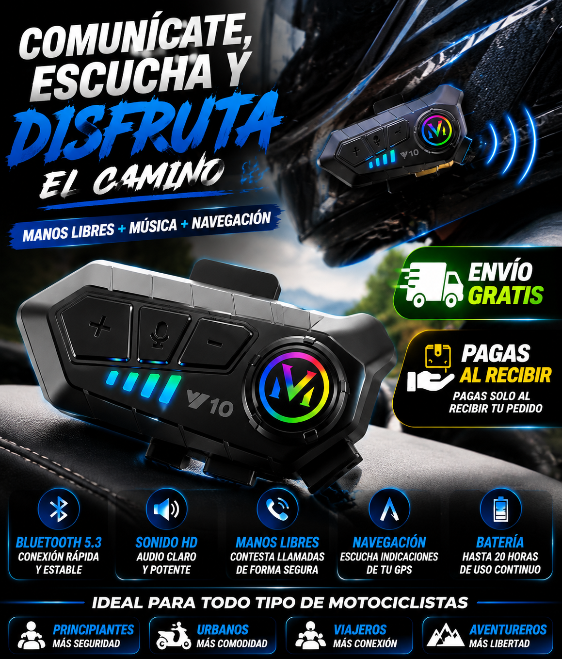 Auricular Bluetooth para Casco de Moto V10 🏍️🎧