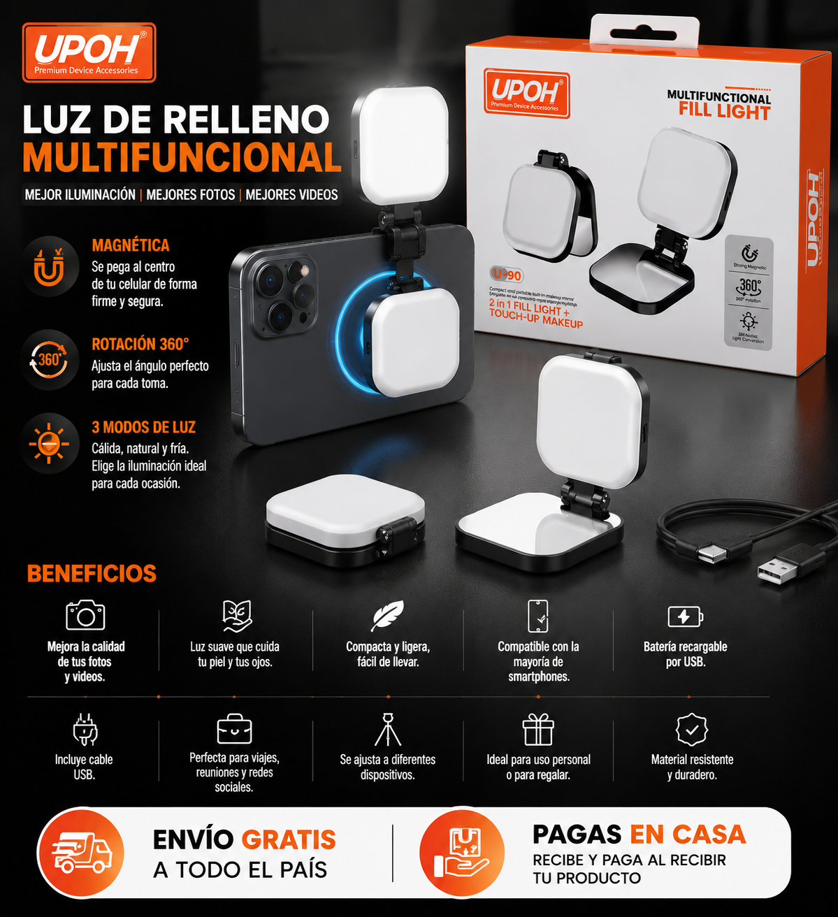 Luz LED con espejo magnético 📱✨