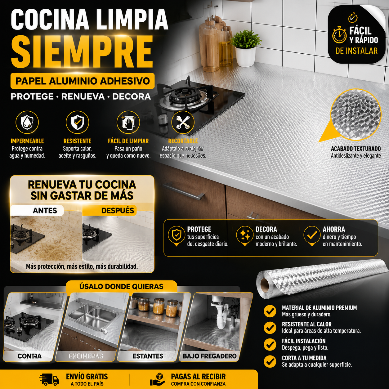 Papel Adhesivo de Aluminio para Cocina ✨🏠 ( Tamaño del producto: 0.60x10mts )