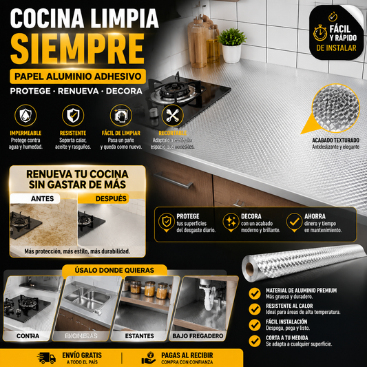 Papel Adhesivo de Aluminio para Cocina ✨🏠 ( Tamaño del producto: 0.60x10mts )
