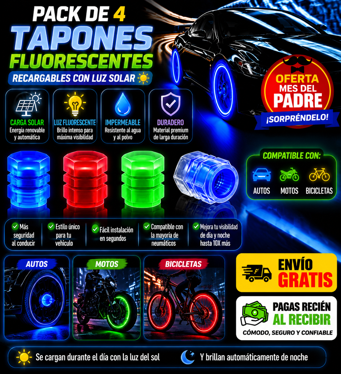 Pack 4 Tapones Fluorescentes – Recargables con Luz Solar