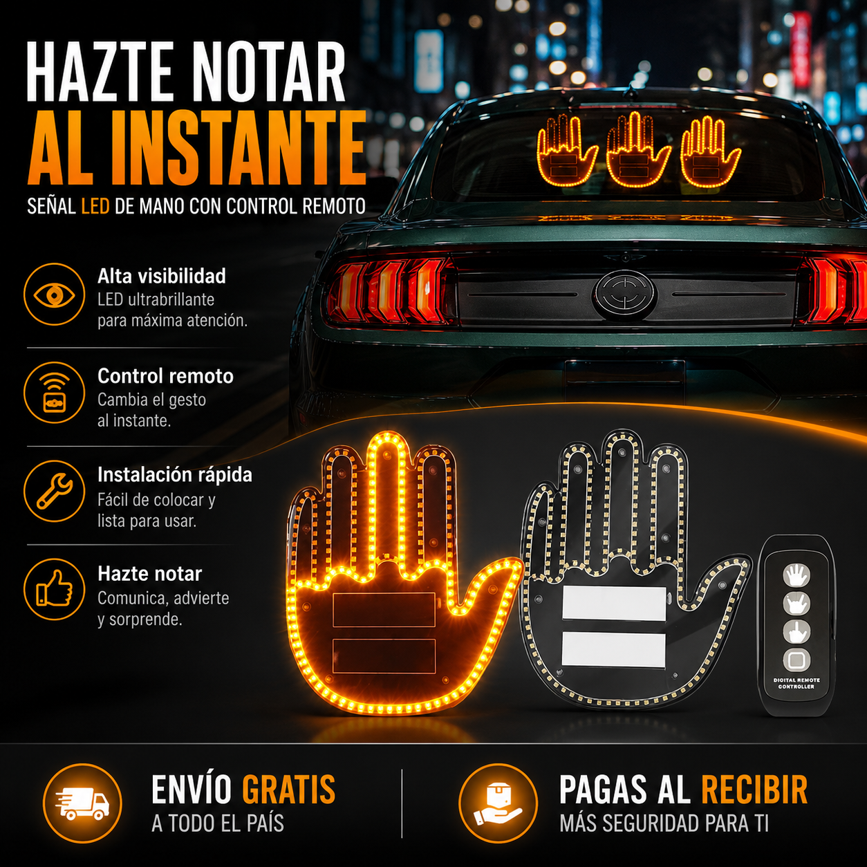 ✋ Señal LED de Mano para Auto con Control Remoto