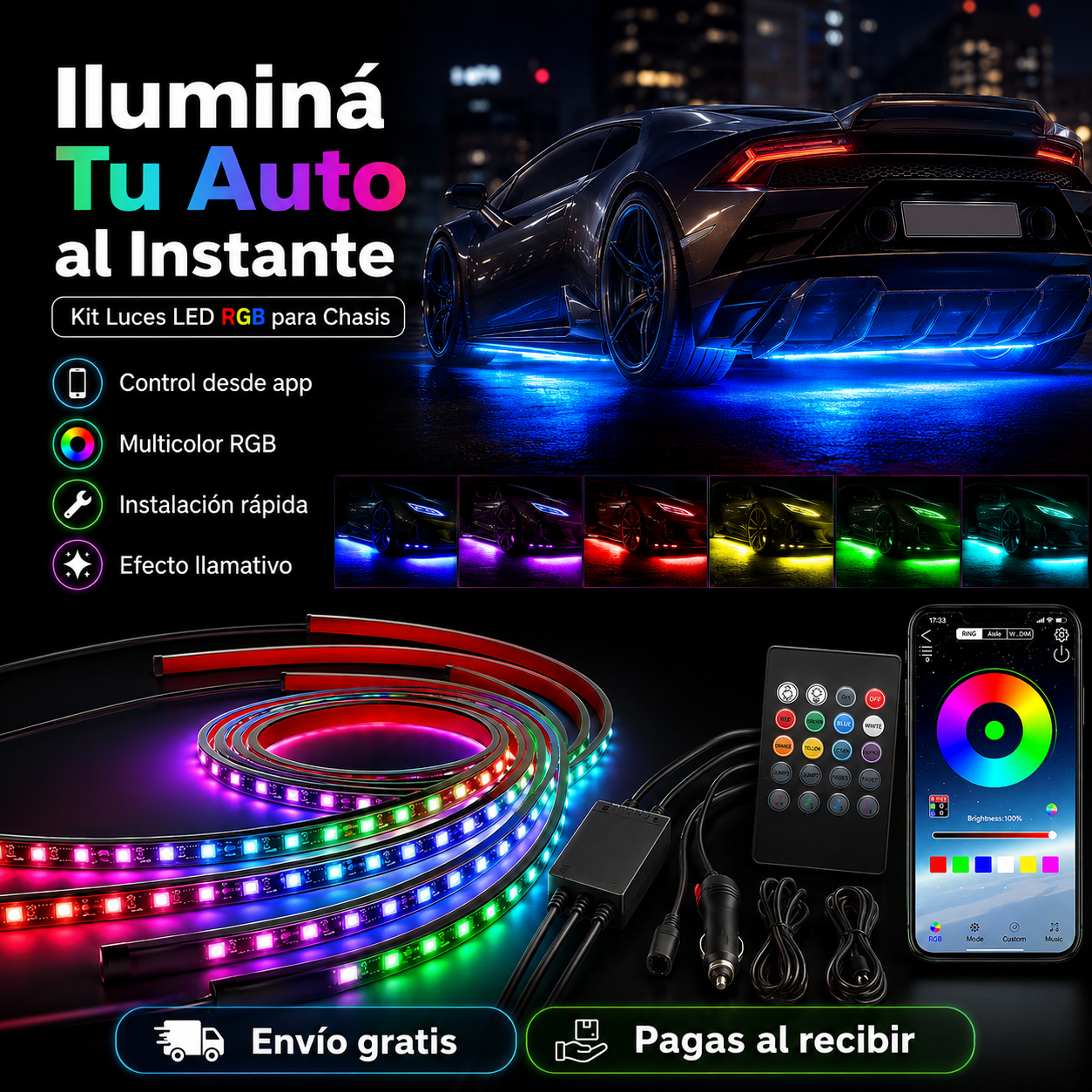 🚗 Kit Luces LED RGB para Chasis de Auto