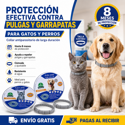 🐶🐱 Collar Antipulgas y Garrapatas para Perros y Gatos – Protección hasta 8 Meses 🛡️🌿💧