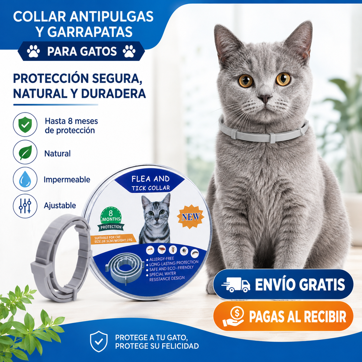 🐶🐱 Collar Antipulgas y Garrapatas para Perros y Gatos – Protección hasta 8 Meses 🛡️🌿💧