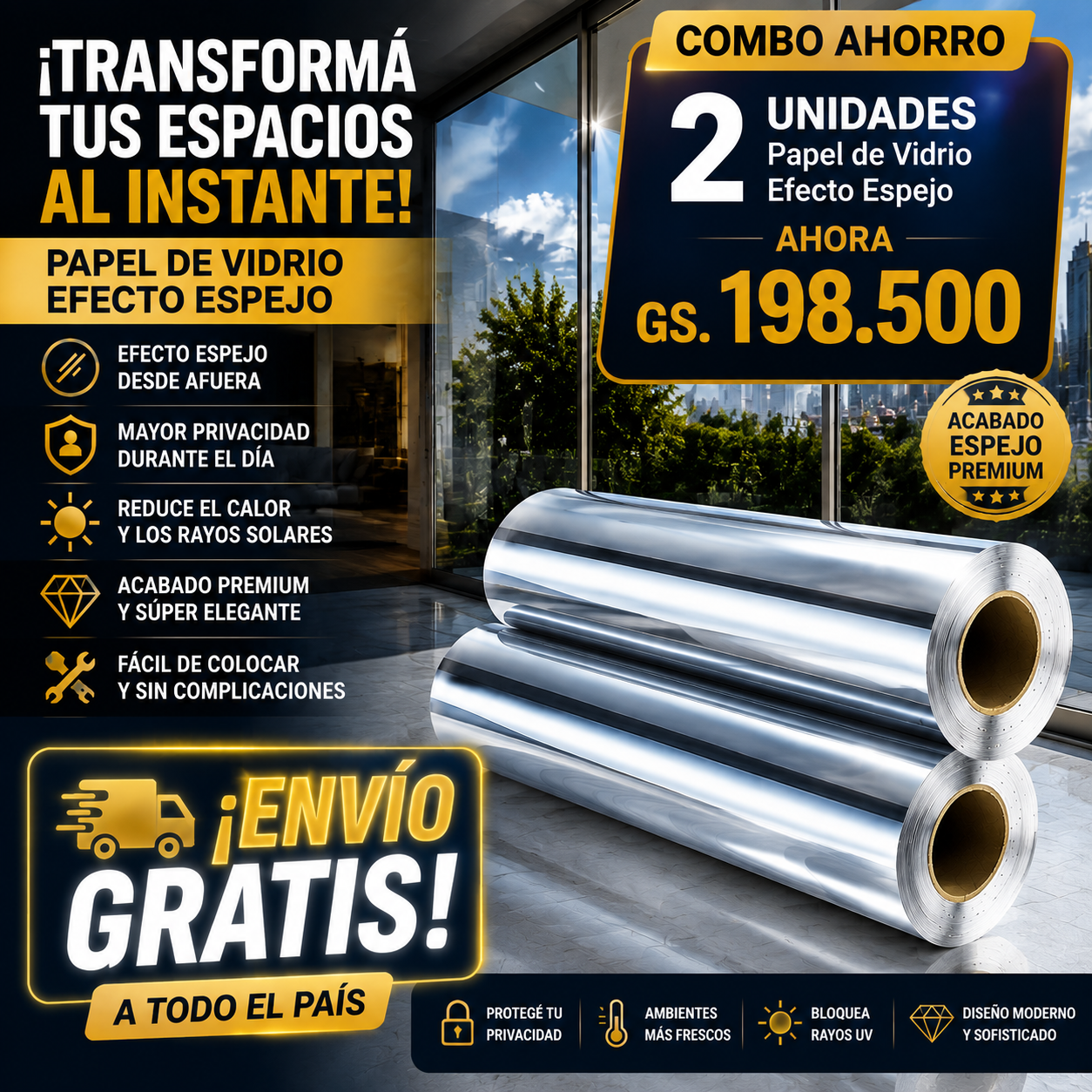 🪞 Papel Adhesivo Efecto Espejo 2 x 1 (TAMAÑO: 2MX60CM)